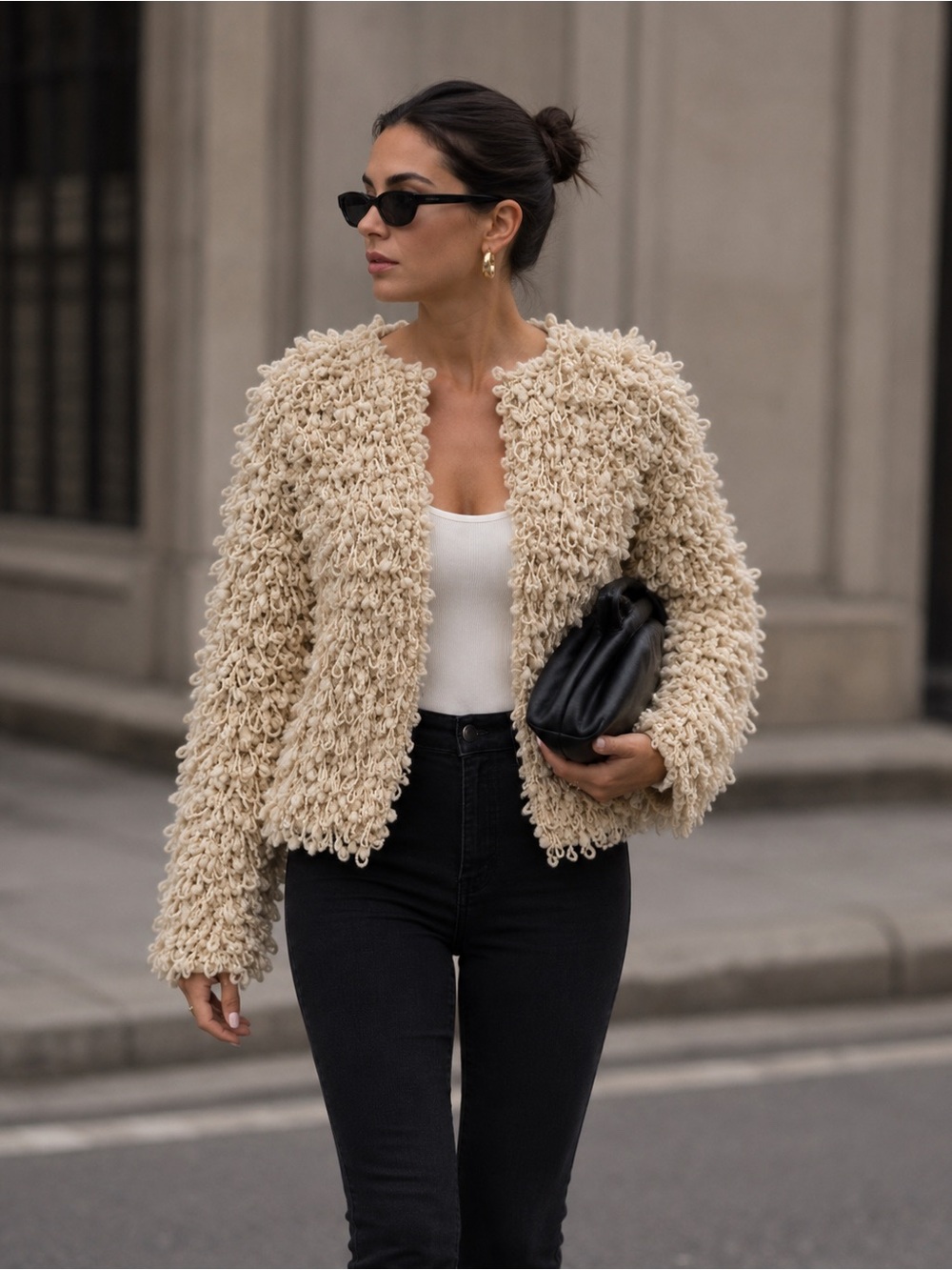 Zara Cream Textured Loop-Detail Teddy Jacket